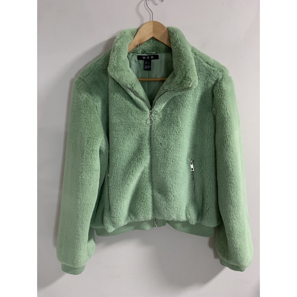 U2B Urban Basics Fleece Jacket High Pile Full Zip Women's L Green Zip Pocket